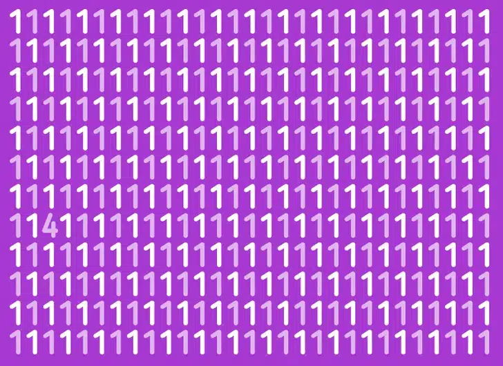 Descubra o número 4 entre os numerosos números 1 organizados em linhas sobre a cor roxa de fundo. Teste visual com muitos números 1 repetidos sobre fundo roxo