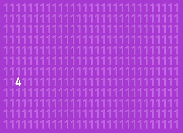 Encontre o número 4 nesta imagem com vários números 1 em fundo roxo Teste visual com muitos números 1 repetidos sobre fundo roxo
