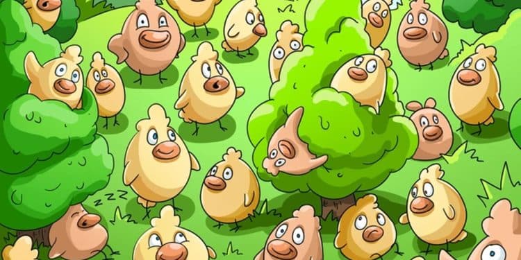 Teste visual com um grupo de pássaros animados amarelos e marrons em um jardim cheio de árvores e arbustos verdes