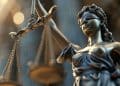 Representação simbólica da Justiça, com a deusa segurando a balança, ícone do equilíbrio e da imparcialidade no Direito.