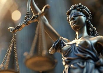 Representação simbólica da Justiça, com a deusa segurando a balança, ícone do equilíbrio e da imparcialidade no Direito.