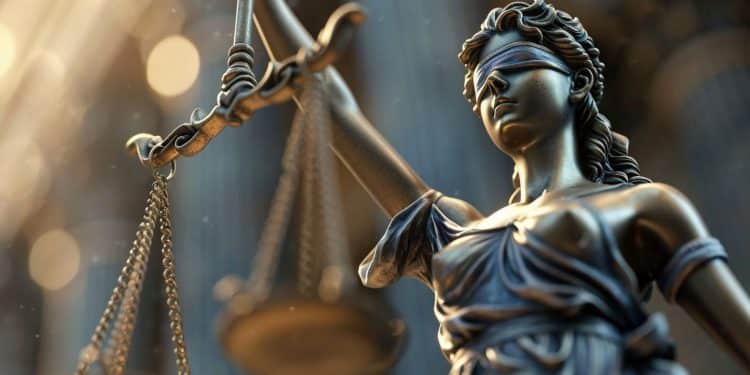 Representação simbólica da Justiça, com a deusa segurando a balança, ícone do equilíbrio e da imparcialidade no Direito.