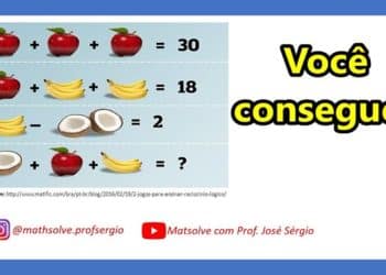 Equações com maçã, banana e coco para resolver sistema matemático de lógica.