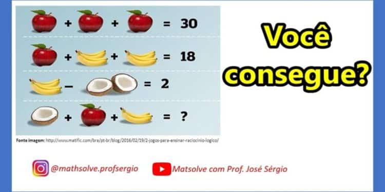 Equações com maçã, banana e coco para resolver sistema matemático de lógica.