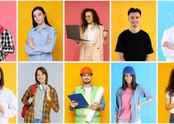 Dez jovens de diferentes profissões em fundo colorido, com roupas e acessórios que indicam suas ocupações variadas.