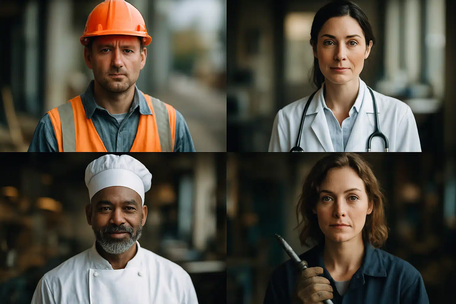 Engenheiro, Médica, Chef de Cozinha, funcionária de industria: Diversidade profissional Profissionais vestidas com seus respectivos uniformes de trabalho