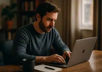 Homem concentrado digitando em laptop Apple em mesa de madeira com café e caderno