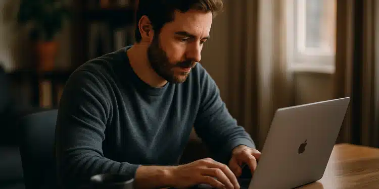 Homem concentrado digitando em laptop Apple em mesa de madeira com café e caderno