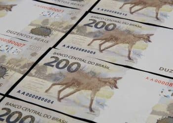 Lote de cédulas de R$ 200 (Lobo-Guará), mostrando de perto a série "AA" e a numeração, indicando que se trata de uma peça valiosa e procurada por colecionadores de numismática.