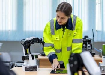Mulher engenheira em colete de segurança neon operando um braço robótico de bancada com um tablet em um laboratório técnico, simbolizando as profissões técnicas