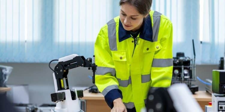 Mulher engenheira em colete de segurança neon operando um braço robótico de bancada com um tablet em um laboratório técnico, simbolizando as profissões técnicas