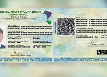 Modelo oficial da nova Carteira de Identidade Nacional com QR Code e mapa do Brasil.
