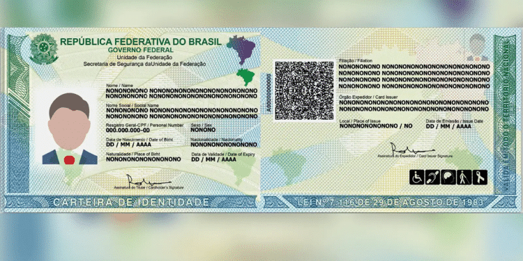 Modelo oficial da nova Carteira de Identidade Nacional com QR Code e mapa do Brasil.
