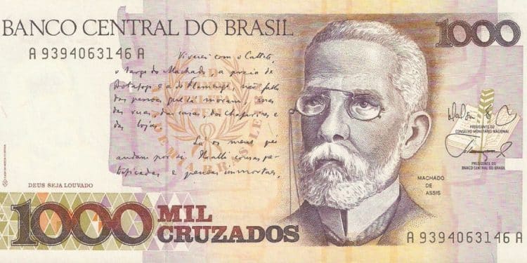 Cédula de 1.000 Cruzados com a imagem de Machado de Assis e trecho de sua obra, um item procurado por colecionadores de notas antigas.