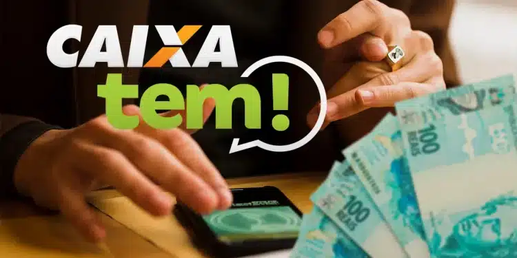 Aplicativo Caixa Tem aberto no celular com notas de 100 reais ao lado, relacionado ao pagamento de R$ 200.