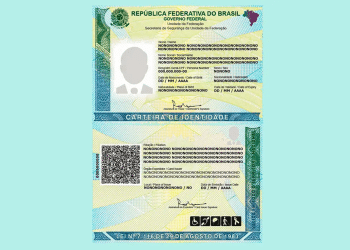 Modelo oficial colorido da carteira de identidade brasileira com informações pessoais e QR Code.