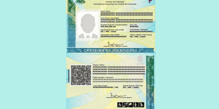 Modelo oficial colorido da carteira de identidade brasileira com informações pessoais e QR Code.