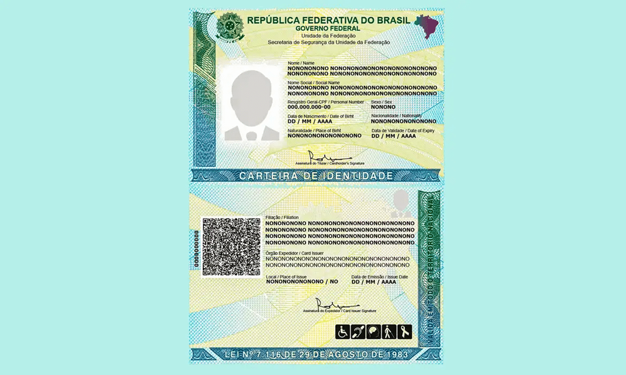 rente e verso da carteira de identidade brasileira com informações pessoais e QR code.