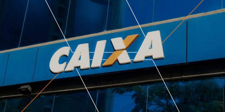 Fachada de prédio azul com logo branco e amarelo da Caixa Econômica Federal.
