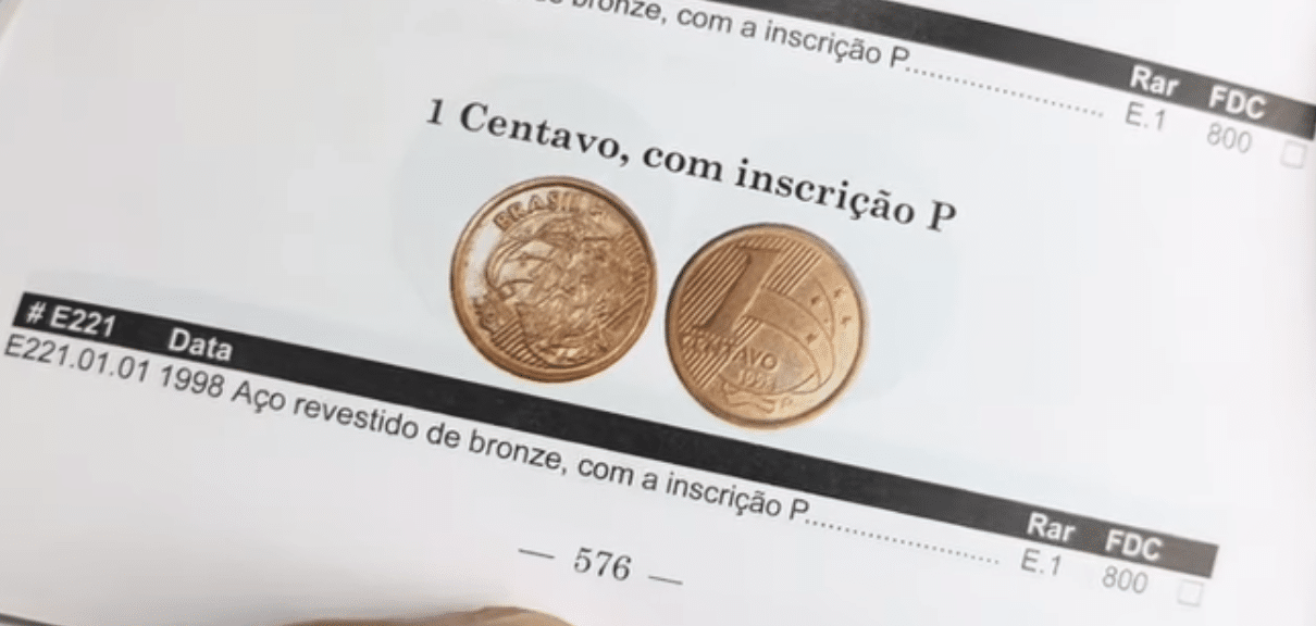 Página de catálogo numismático mostrando a Moeda de 1 Centavo com a rara inscrição P de 'Prova de Cunho', catalogada com valor de R$ 800.