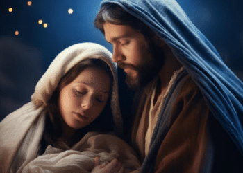 Maria e José com Jesus recém-nascido embrulhado em pano, num momento de ternura na noite iluminada