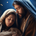 Maria e José com Jesus recém-nascido embrulhado em pano, num momento de ternura na noite iluminada