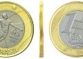 MMoeda de 1 Real Comemorativa Vôlei (Rio 2016), vista completa da anverso, reverso e lateral. A peça com o erro de "cabeça dupla" é valiosa para a numismática.