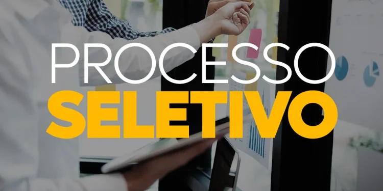 Pessoas analisando gráficos e post-its em uma janela com texto "Processo Seletivo" em destaque
