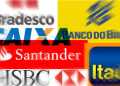 Colagem de logos de bancos brasileiros incluindo Bradesco, Caixa Econômica Federal, Banco do Brasil, Santander, HSBC e Itaú.