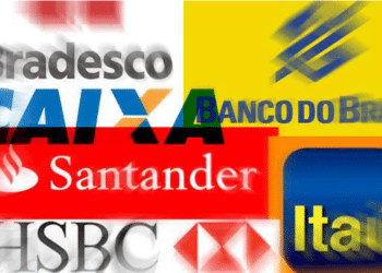 Colagem de logos de bancos brasileiros incluindo Bradesco, Caixa Econômica Federal, Banco do Brasil, Santander, HSBC e Itaú.