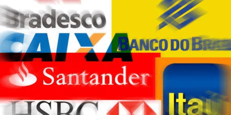 Colagem de logos de bancos brasileiros incluindo Bradesco, Caixa Econômica Federal, Banco do Brasil, Santander, HSBC e Itaú.