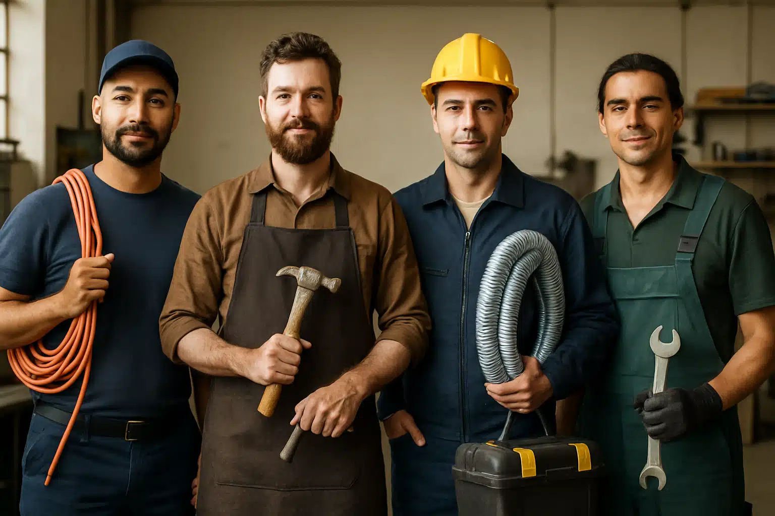 Quatro trabalhadores da construção civil com ferramentas