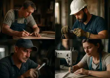 Profissionais realizando trabalhos manuais em diferentes áreas, como marcenaria, elétrica, mecânica e costura.