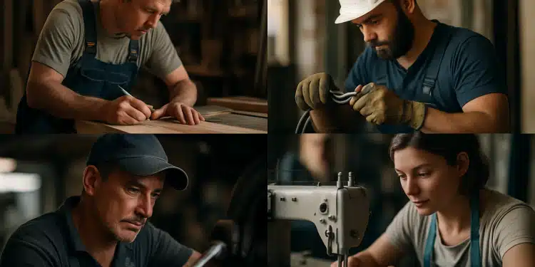 Profissionais realizando trabalhos manuais em diferentes áreas, como marcenaria, elétrica, mecânica e costura.