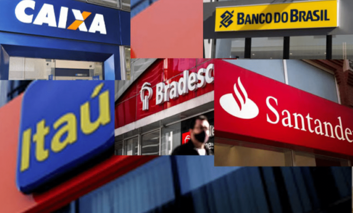 Colagem de fachadas e logos de bancos brasileiros incluindo Caixa Econômica Federal, Banco do Brasil, Itaú, Bradesco e Santander.