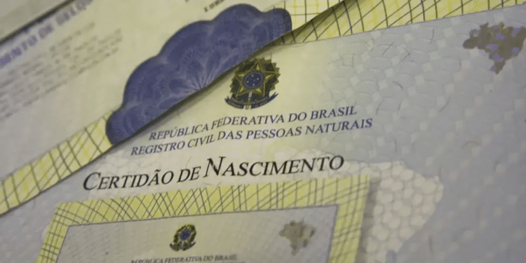 Certidão de nascimento brasileira com selo do registro civil e brasão da República Federativa do Brasil.