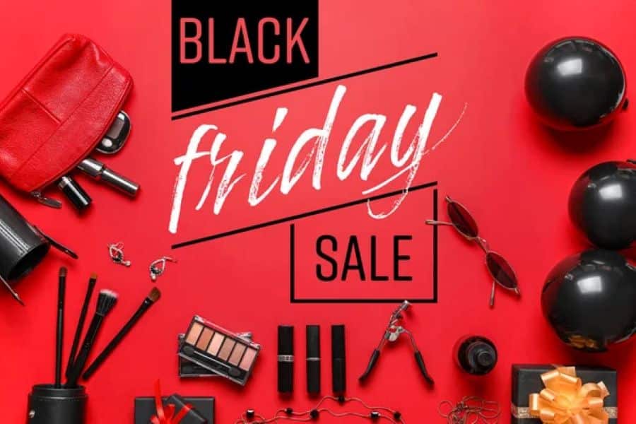 Promoção de Black Friday com produtos de beleza sobre fundo vermelho