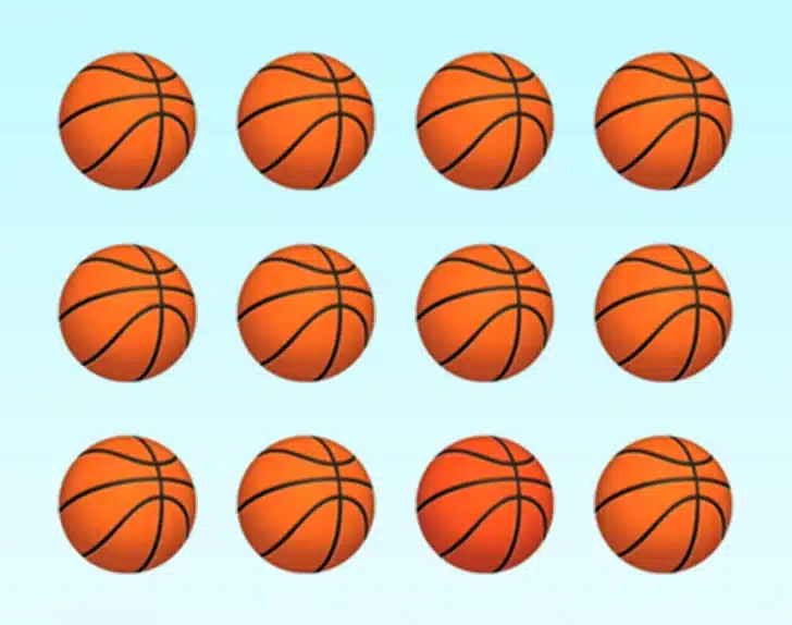 Ache a bola de basquete diferente. Desafio visual com doze bolas de basquete laranja organizadas em três linhas e quatro colunas.