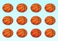 Desafio visual com doze bolas de basquete laranja organizadas em três linhas e quatro colunas.