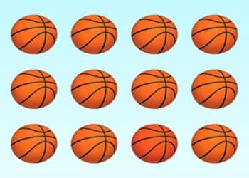 Desafio visual com doze bolas de basquete laranja organizadas em três linhas e quatro colunas.