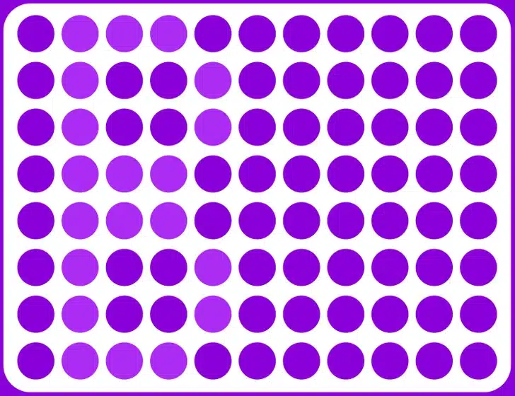 Ache a letra B entre os pontos roxos organizados em uma grade sobre fundo branco. Desafio visual com pontos roxos organizados em linhas sobre fundo branco