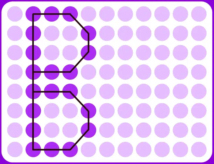 Encontre a letra B camuflada entre o padrão de pontos roxos em fundo branco Desafio visual com pontos roxos organizados em linhas sobre fundo branco