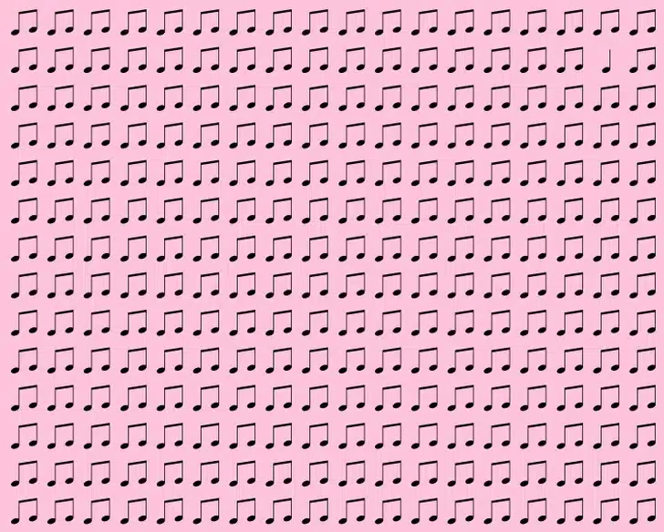 Desafio visual utilizando um fundo rosa claro com diversas notas musicais pretas repetidas em padrão regular