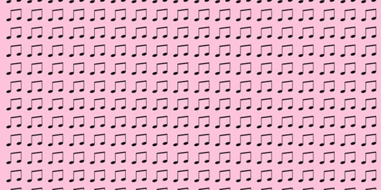 Desafio visual utilizando um fundo rosa claro com diversas notas musicais pretas repetidas em padrão regular