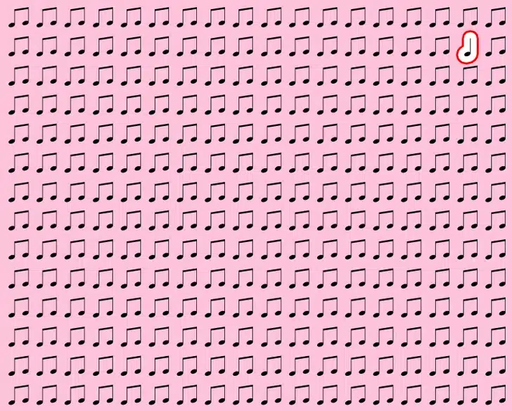 Desafio visual utilizando um fundo rosa claro com diversas notas musicais pretas repetidas em padrão regular