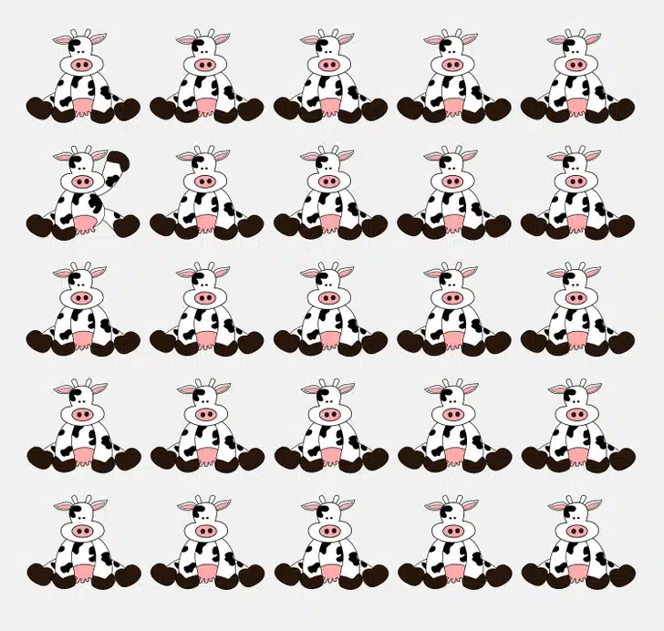 Desafio visual com várias vacas desenhadas em estilo desenho em várias linhas com uma vaca diferente entre elas
