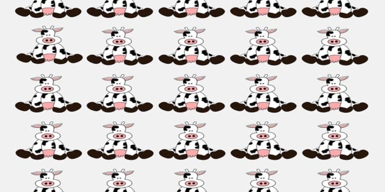 Desafio visual com várias vacas desenhadas em estilo desenho em várias linhas com uma vaca diferente entre elas