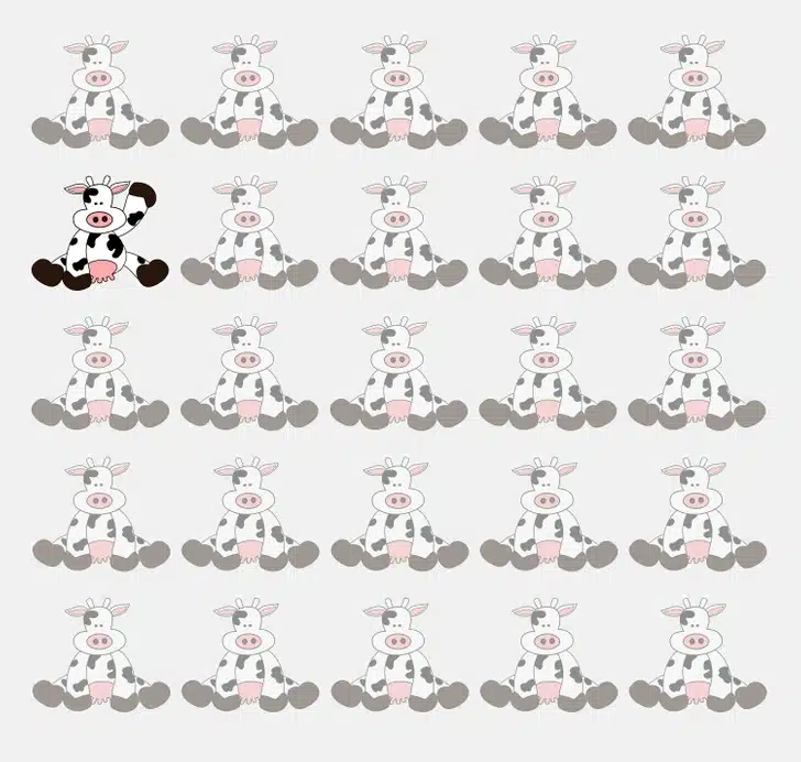 Desafio visual com várias vacas desenhadas em estilo desenho em várias linhas com uma vaca diferente entre elas