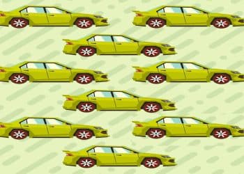 Desafio visual com uma ilustração de carros verdes com diversas combinações de rodas em fundo claro