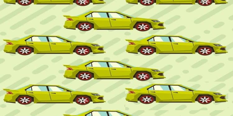 Desafio visual com uma ilustração de carros verdes com diversas combinações de rodas em fundo claro